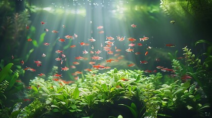 Fototapeta premium A dynamic shot of neon tetras and angelfish darting through a lush, green aquarium filled with aquatic plants and rocks. The soft,