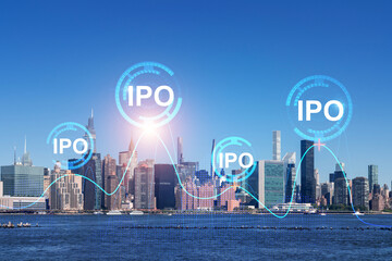 IPO concept over city skyline with futuristic graphics.