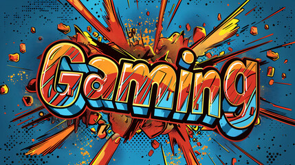 Fototapeta premium Colorful illustration of the word gaming in a comic book style with an explosion effect, evoking action and excitement