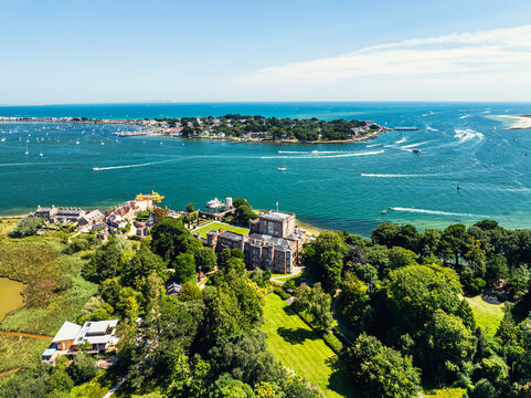 Brownsea Castle on Brownsea Island from a drone, Poole, Dorset, England