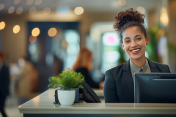 Mixed race woman working as a receptionist or front desk manager. Generative AI