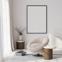 Frame mockup, ISO A paper size. Living room wall poster mockup. Interior mockup with house background. Modern interior design. 3D render
