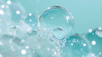 Clear blue hyaluronic acid gel with transparent bubbles, emphasizing skincare and hydration