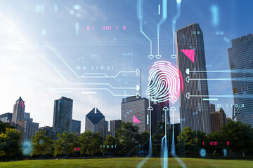 Digital fingerprint over cityscape with skyscrapers and greenery.