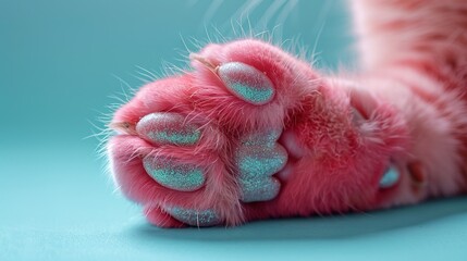   Close-up photo of a feline's painted paw Blue and pink hues adorn its claws and furry palm