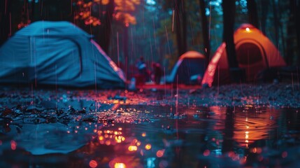 191. Rainy Campsite, movie style, neon colors, nature-inspired pattern, medium shot, golden hour, light rays, reflections,