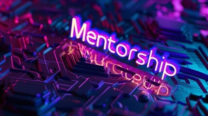 Futuristic circuit board showcases a bright neon mentorship sign