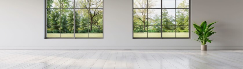 Spacious modern interior with large windows and greenery, inviting natural light and a refreshing atmosphere.