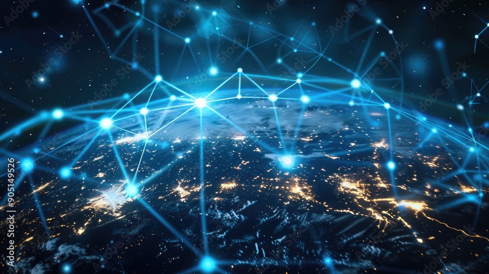 Poster digital globe with a blue connection network shining across the continents, representing global comm