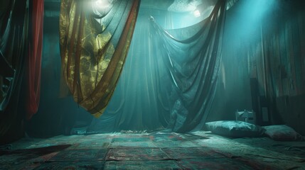 192. Tarp Setup, movie style, complementary colors, geometric pattern, low angle, ambient light, particles, fog,