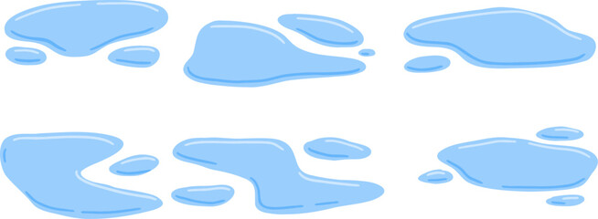 Puddle of water. Leak and blue drop. Wet blue splatter. Cartoon raindrop, icon of pond or lake. Flat cartoon set isolated on white background