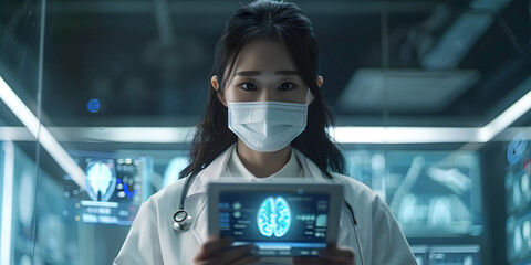 Anime-Style Female Doctor in a Medical Clinic Holding a Tablet. Diagnosing and Treating Patients with Care. A Blend of Technology and Compassion in a Modern Healthcare Setting.