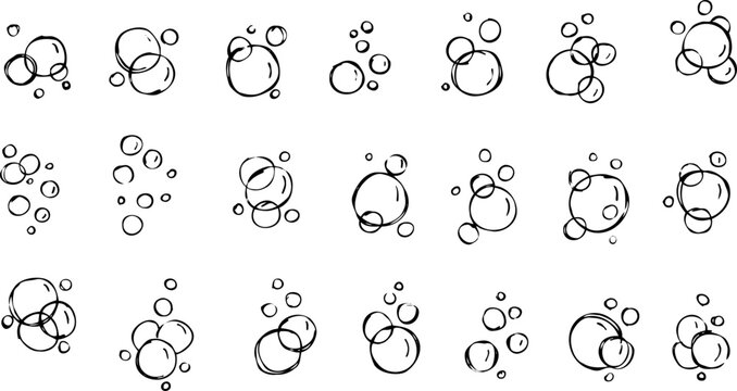 Water bubble. Outline air soap. Sketch foam drawing. Aqua sparkle, doodle pure clean underwater gas. Set of Bath effect isolated on white