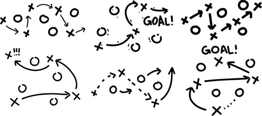 Sports tactics and strategy. Scheme of movement of team player. Combination of crosses and circles with path arrows © Taras