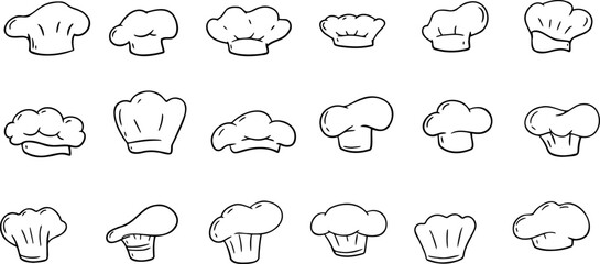 Chef hat, cook uniform. Drawing kitchen bakery cooker cap. Restaurant white uniform. Set of cooking cloth. Sketch italian culinary