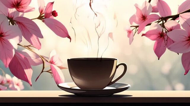 A warm beverage with cherry blossoms in the background, symbolizing relaxation and the start of a good day.