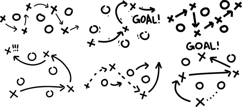Sports tactics and strategy. Scheme of movement of team player. Combination of crosses and circles with path arrows