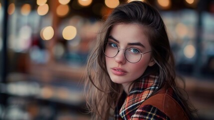 A young woman with brown hair, blue eyes, round glasses, a brown coat, and a plaid scarf is shown in a close-up shot against a blurry urban backdrop with bokeh lights, creating a warm ambiance.