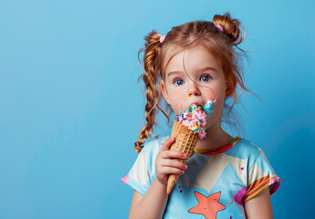 Naklejka premium Little child smiling and eating colorful ice cream in waffle cone on solid colorful background