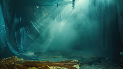 192. Tarp Setup, movie style, complementary colors, geometric pattern, low angle, ambient light, particles, fog,
