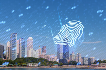Digital fingerprint over cityscape with skyscrapers and blue sky.