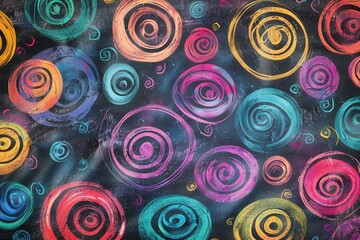 A chalkboard showcases vibrant spirals and abstract shapes created during an art activity, brightening the classroom environment with creativity. Generative AI