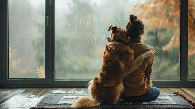 A loving moment of a pet owner and their dog sharing a hug on a rug in front of a large window, with a view of a rainy day outside. The diffused natural light enhances the cozy and serene atmosphere.
