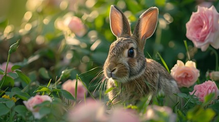 Fototapeta premium A peaceful moment of a rabbit eating fresh vegetables in a garden, with a background of blooming roses and tall grass. The soft evening light creates a warm and cozy atmosphere.