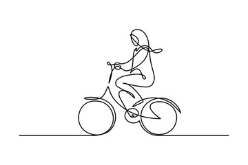 Urban cyclist in continuous line art drawing style. Woman riding city bicycle black linear sketch isolated on white background. Vector illustration