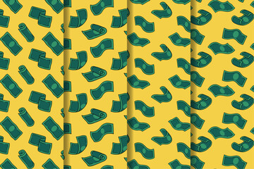 set of green money cartoon pattern for packaging. cash flow seamless pattern background. seamless pattern of falling money or cash. doodle raining money bill pattern collection for print and wallpaper