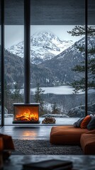 Room with a pellet and wood stove for heating. Concept Pellet Stove, Wood Stove, Room Heating, Cozy Environment