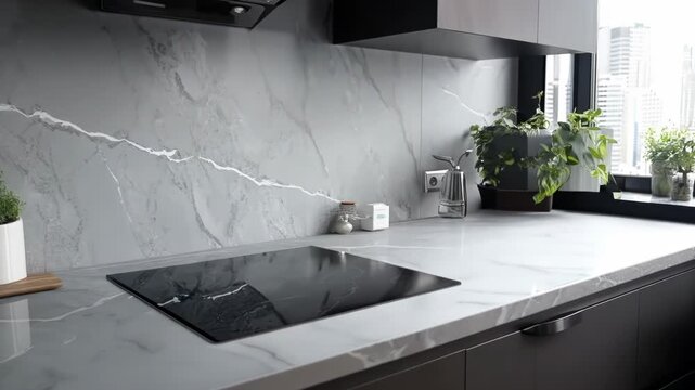 High-end, modern kitchen with marble countertops and stainless steel appliances. City skyline view from kitchen window.