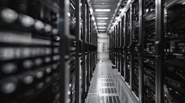 Inside a high technology data center with multiple server racks and electronic equipment. Computing infrastructure for cloud computing, virtual servers, and IT services.