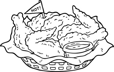 Hand Drawn Vector Cartoon Basket Of Fried Chicken Line Art