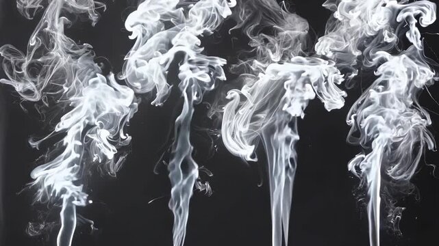 Smoke in various forms emanating from lit cigarettes. A health hazard and sign of addictive habit.