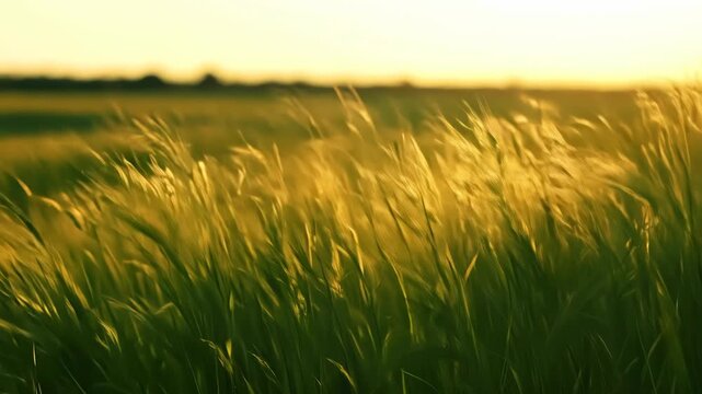 Golden wheat in field under sunset sky. Agricultural farm scene, natural landscape.