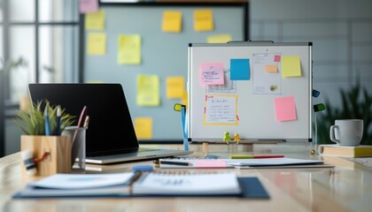 Work Desk with Computer, Notebook, and Pen Preparing for Next Class, Conference, or Exam with Magnetic Whiteboard in the Background