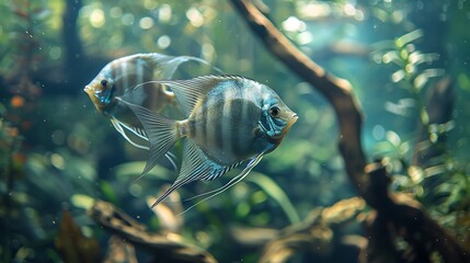 Obraz premium A serene image of a pair of angelfish swimming gracefully in a beautifully decorated aquarium, surrounded by lush aquatic plants and driftwood. The soft,