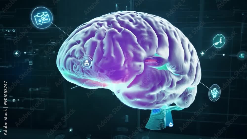 Poster a hologram of a human brain is showcased in a modern laboratory with interactive visual elements con