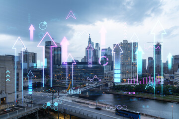 Cityscape with overlay of financial growth arrows and graphs.