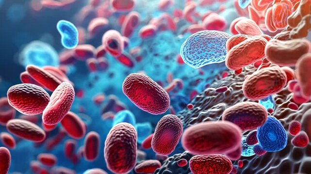 Microscopic view of cells and viral particles in a vibrant depiction of cellular biology and pathogens interacting.