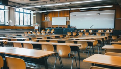 High School or University Classroom with Brown Chairs and Magnetic Whiteboard