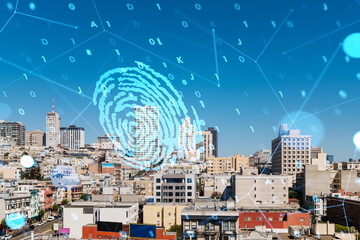 Digital fingerprint over cityscape with binary code and network connections.