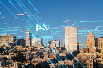 Cityscape with Digital AI Elements Overlaying the Skyline.