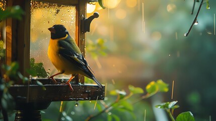 A tranquil capture of a goldfinch perched on a feeder outside a window, with a background of a serene backyard garden. The soft, natural light from the window creates a peaceful and inviting scene.