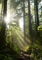Obraz premium Sunlight Through the Trees in a Foggy Forest