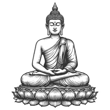 serene Buddha statue sitting in a meditative pose with a peaceful expression sketch engraving generative ai fictional character vector illustration. Scratch board imitation. Black and white image.