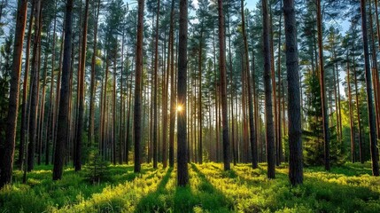 Fototapeta premium Through the green-grassed, tall trees shines the sun in this forest