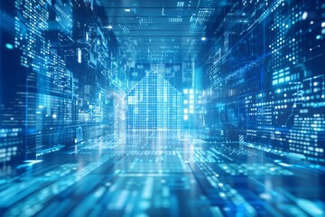 Obraz premium Digital cityscape with high-speed data transmission lines symbolizing connectivity and modern infrastructure.