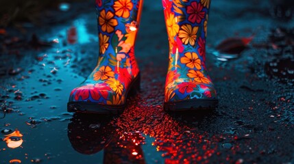 195. Rain Boots, movie style, colors full, floral pattern, close-up, high contrast, glowing light, shadows,